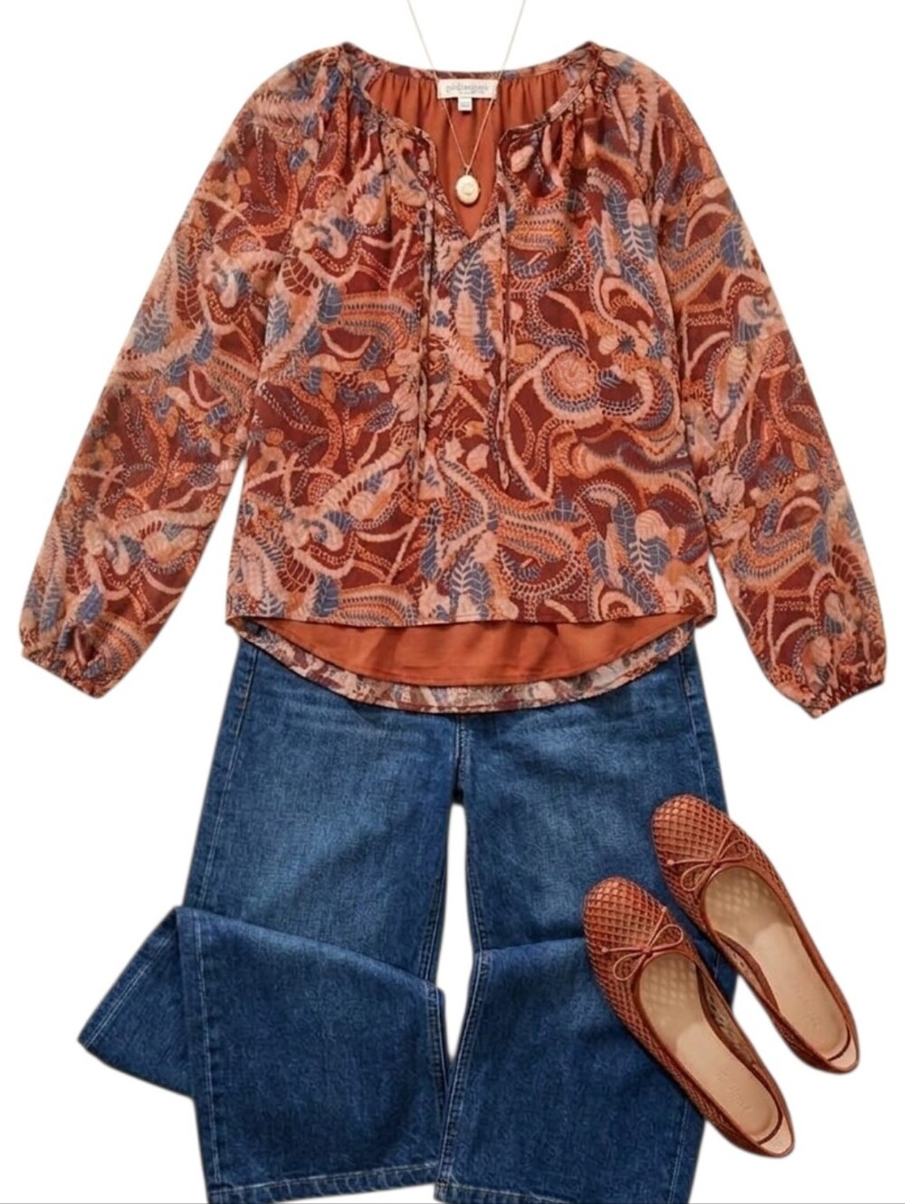 Philosophy Brown and Blue Patterned Woman's Top Sz Large